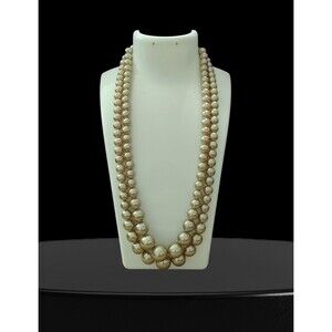 Vintage Faux Pearl Necklace Double Strand Cream Bead 20" Gold Tone Clasp Elegant
